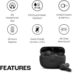 ایربادهای بی‌سیم واقعی JBL Wave Beam، باس عمیق، Comfort Fit، باتری 32H، Smart Ambient، TalkThru، هندزفری + VoiceAware، مقاوم در برابر آب و گرد و غبار - مشکی، JBLWBEAMBLK - Image 3