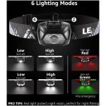 چراغ جلوی لپرو 2 بسته، 1300 لوکس چراغ‌های جلوی LED روشن فوق‌العاده روشن با نور سفید قرمز، چراغ قوه سر ضدآب سبک وزن با باتری کارکرده با باتری برای اضطراری دوچرخه‌سواری کمپینگ - Image 3