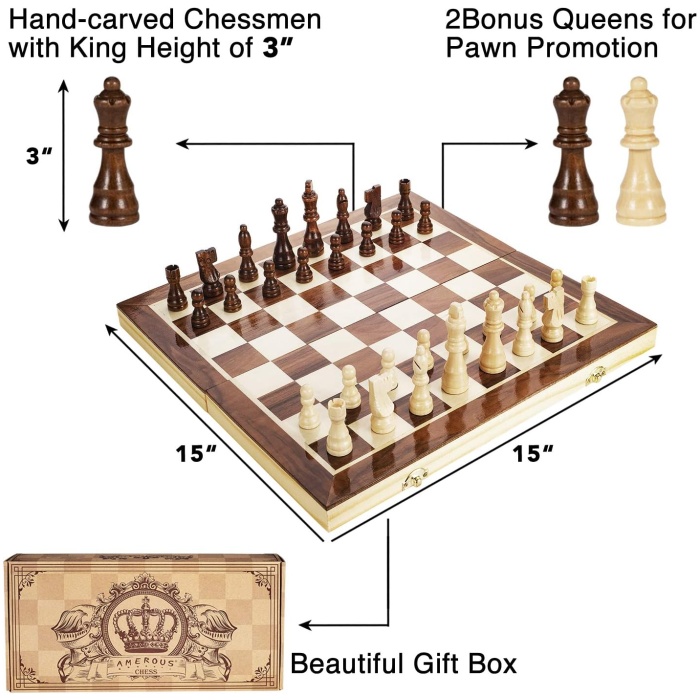 ست شطرنج چوبی مغناطیسی 15 اینچی Amerous - 2 ملکه اضافی - تخته تاشو، ست بازی تخته شطرنج مسافرتی قابل حمل دست ساز با اسلات ذخیره سازی قطعات بازی - ست شطرنج مبتدی برای کودکان و بزرگسالان - Image 3