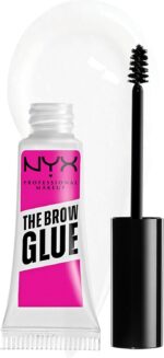 آرایش حرفه ای NYX The Brow Glue Extreme Hold Eebrow Setting ژل، ماندگاری 16 ساعته، فرمول گیاهی، پوشش طبیعی، اعمال برس، سایه: شفاف (01)