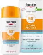 ضد آفتاب Eucerin Hydro Protect Face Ultra Light Fluid، محافظت بالا در برابر UVA/UVB، SPF 50+، مناسب برای استفاده روزانه، غیر چسبنده، غیر چرب، مناسب برای انواع پوست، 50ml