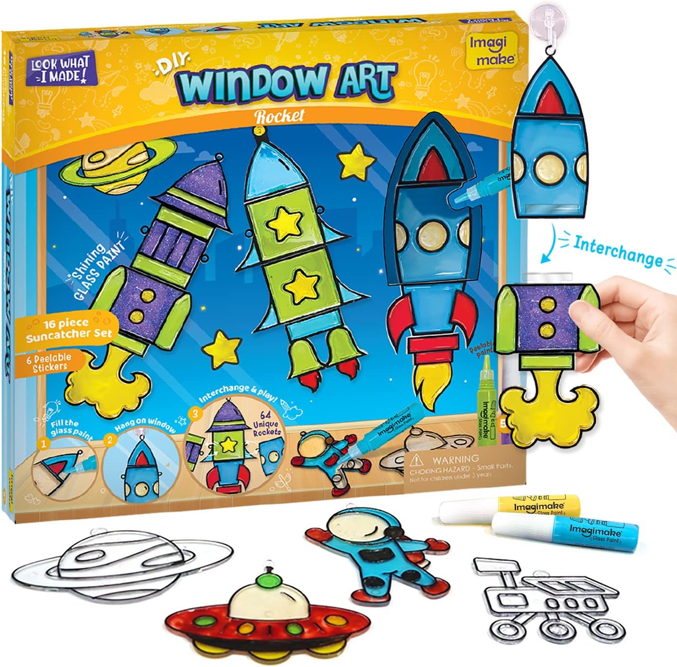 815X9WsHzzL._AC_SL1440_ کیت Suncatcher Window Art Imagimake برای کودکان بالای 5 سال - موضوع موشک | فضانورد، مریخ نورد، طرح های فضایی | ست فعالیت نقاشی شیشه ای 16 تکه کیت کاردستی دخترانه و پسرانه | هدیه ماه رمضان و تولد - Image 1