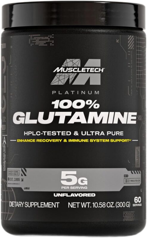 گلوتامین ۱۰۰٪ پلاتینیوم ماسل‌تک (MuscleTech Platinum Glutamine) – پودر ال-گلوتامین بدون طعم برای ریکاوری عضلات، ۳۰۰ گرم، ۶۰ سروینگ