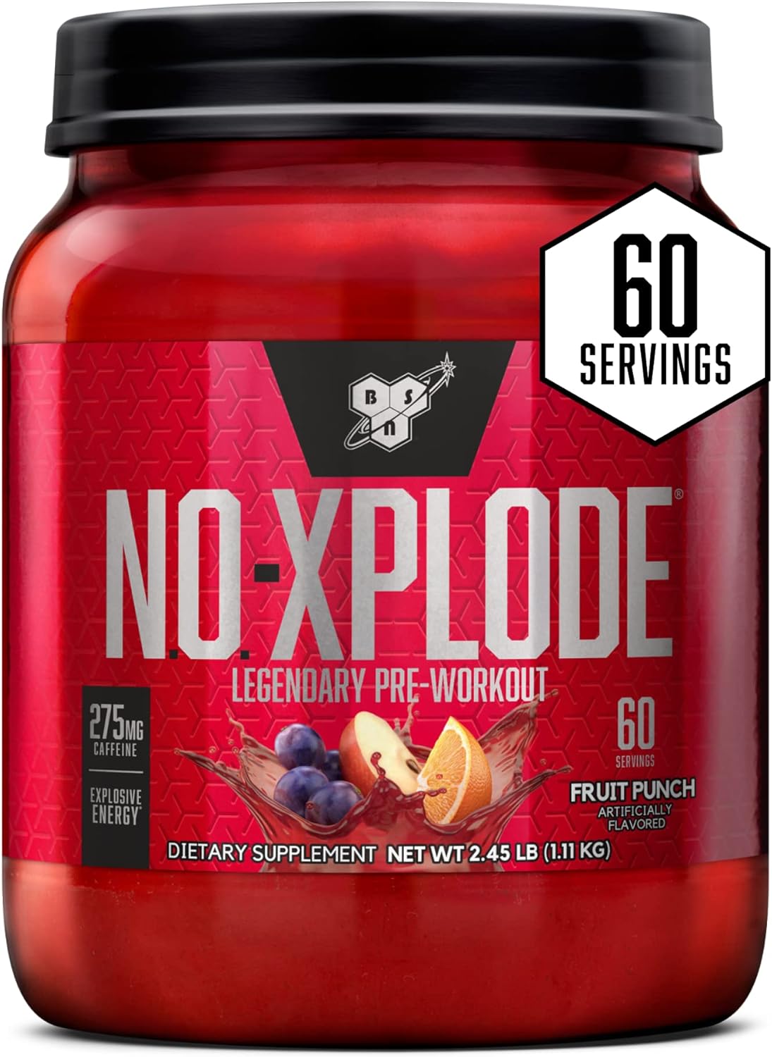 715Jjd6HmNL._AC_SL1500_ مکمل پیشتمرین نیتریک اکساید BSN N.O.-Xplode Fruit Punch 2.45 lb با طعم پانچ میوه _ 60 سروینگ - Image 1
