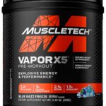 پری‌ورک‌اوت ماسل‌تک Vapor X5 با طعم بلو رز (Blue Razz) – مکمل انرژی، پمپ عضلانی و افزایش عملکرد ورزشی، ۲۶۶ گرم، ۳۰ سروینگ