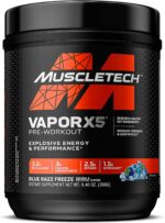 پری‌ورک‌اوت ماسل‌تک Vapor X5 با طعم بلو رز (Blue Razz) – مکمل انرژی، پمپ عضلانی و افزایش عملکرد ورزشی، ۲۶۶ گرم، ۳۰ سروینگ