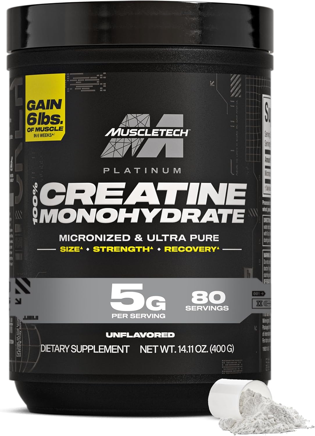 81qb4oZFBML._AC_SL1500_ کراتین مونوهیدرات پلاتینیوم ماسلتک (MuscleTech Platinum) – کراتین میکرونایزد خالص بدون طعم، ۴۰۰ گرم، ۸۰ سروینگ - Image 1