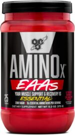 مکمل آمینواسید BSN Amino X EAAs با طعم توت‌فرنگی و دراگون فروت – حاوی ۱۰ گرم آمینواسید ضروری و ۵ گرم BCAA، بدون شکر و کافئین، ۱۳.۲ اونس، ۲۵ سروینگ