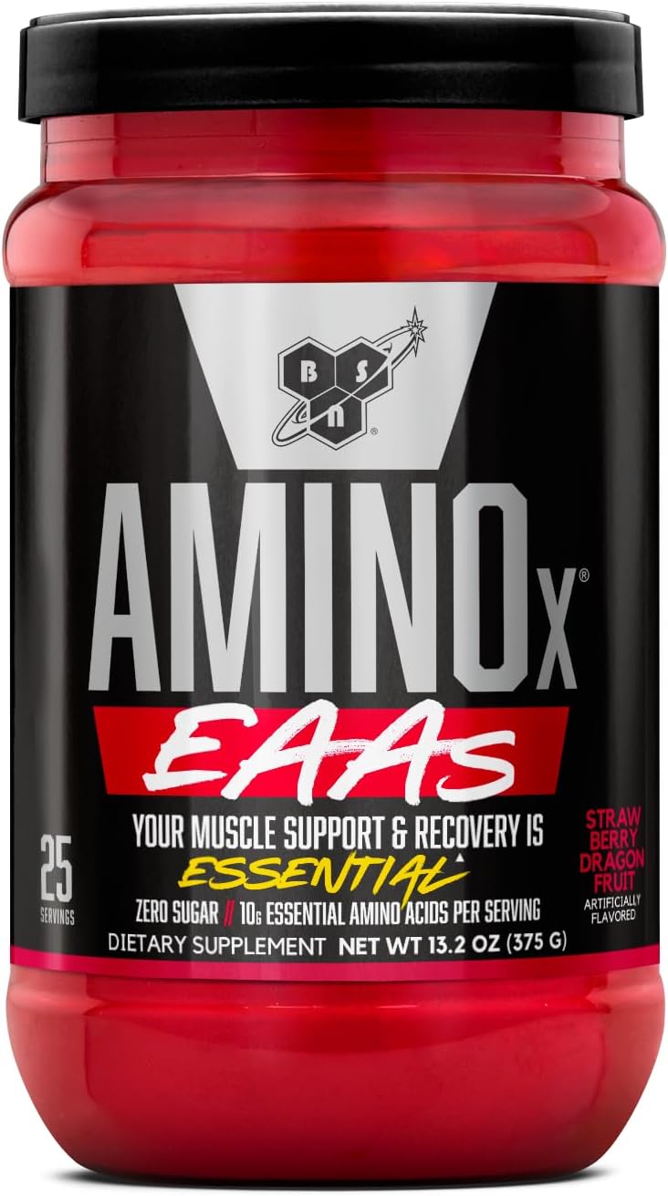 61p6PVaFojL._AC_SL1500_ مکمل آمینواسید BSN Amino X EAAs با طعم توتفرنگی و دراگون فروت – حاوی ۱۰ گرم آمینواسید ضروری و ۵ گرم BCAA، بدون شکر و کافئین، ۱۳.۲ اونس، ۲۵ سروینگ - Image 1