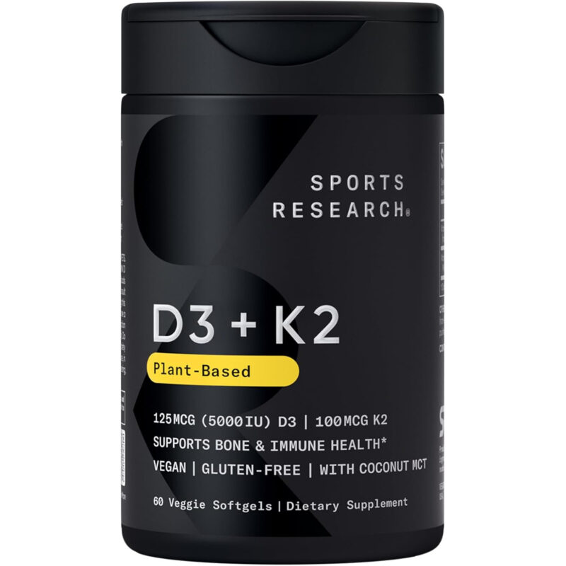 مکمل ویتامین D3 + K2 اسپورتس ریسرچ با روغن نارگیل ارگانیک – ۵۰۰۰ واحد ویتامین D3 و ۱۰۰ میکروگرم ویتامین K2