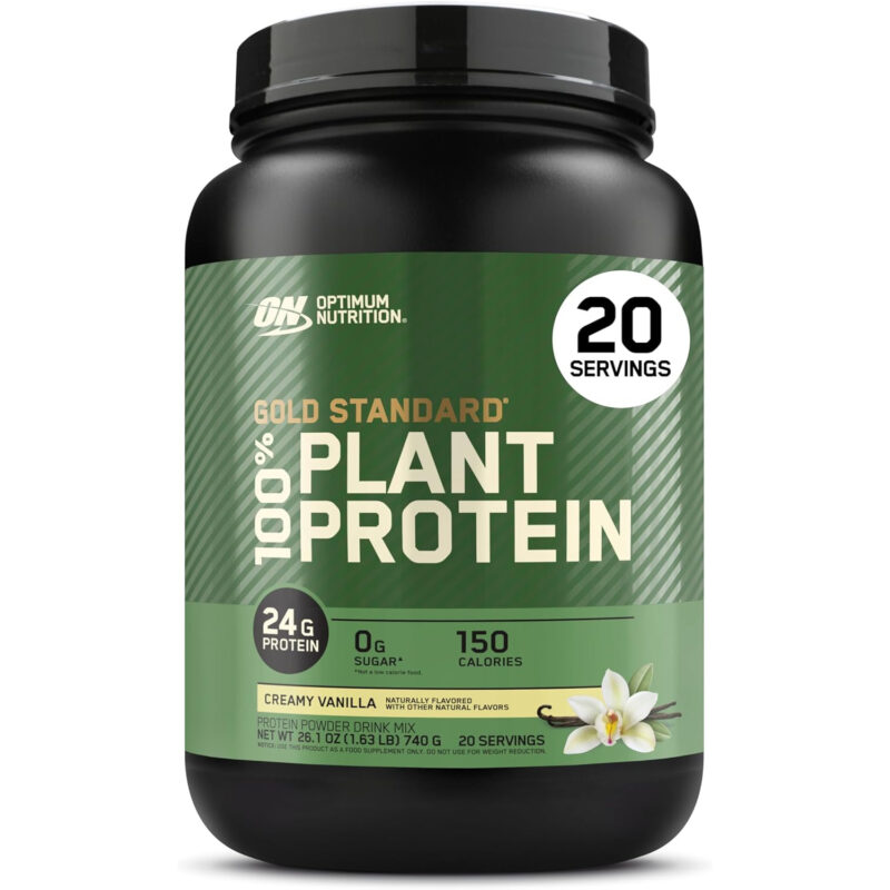 پودر پروتئین گیاهی 100% استاندارد طلایی Optimum Nutrition (ON)، بدون گلوتن، پروتئین گیاهی برای حمایت و ریکاوری عضلات با اسیدهای آمینه – وانیل خامه ای، 740 گرم، 20 وعده