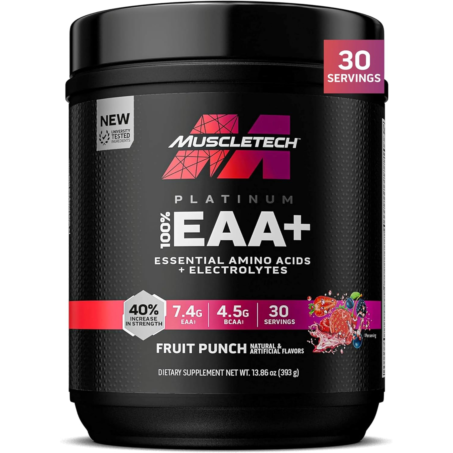 81YATpqpdL._AC_SL1500_ آمینو اسید ضروری پلاتینیوم MuscleTech 100% EAA+ با الکترولیت – طعم پانچ میوه، ۳۰ سروینگ - Image 1