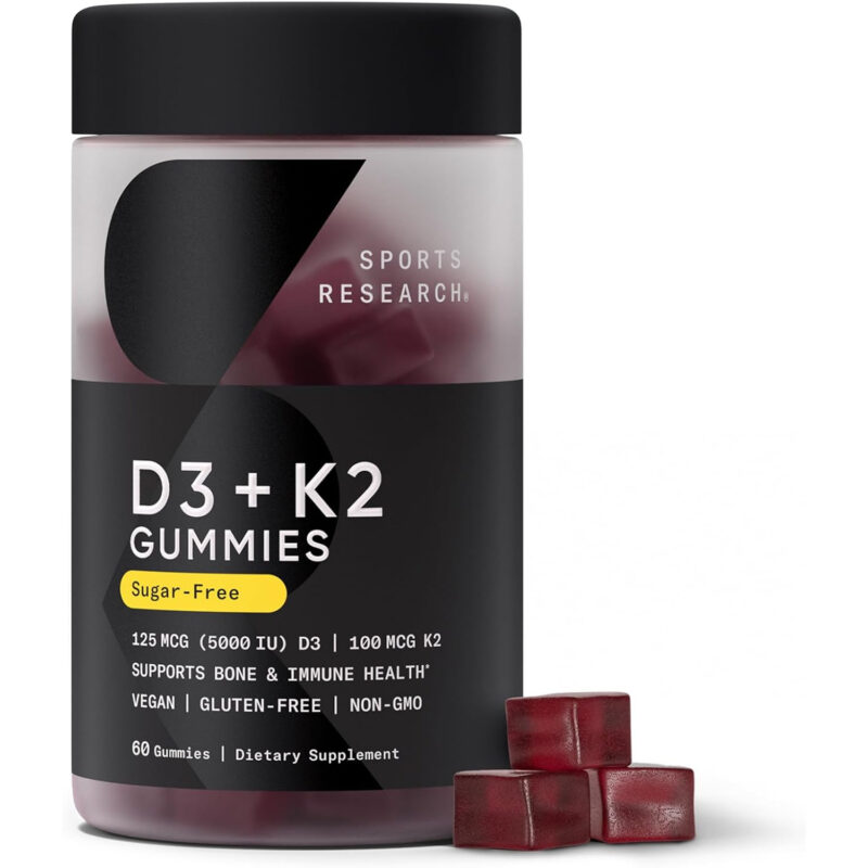 پاستیل ویتامین D3 + K2 گیاهی Sports Research – ۵۰۰۰ IU ویتامین D3، ۱۰۰ میکروگرم K2، ۶۰ عدد