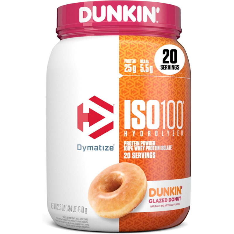 پودر پروتئین Dymatize ISO100 Hydrolyzed – وی ایزوله هیدرولیز شده، طعم Dunkin’ Glazed Donut، ۲۰ سروینگ
