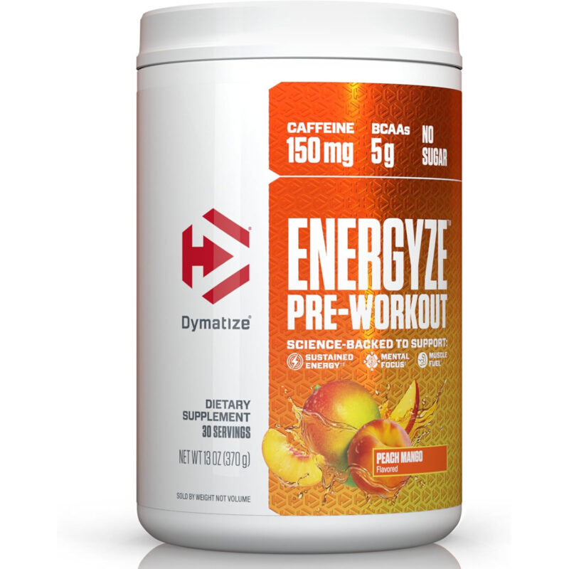 پودر پری‌ورک‌اوت Dymatize Energyze – طعم Peach Mango، حاوی ۱۵۰ میلی‌گرم کافئین و ۵ گرم BCAA، ۳۰ سروینگ